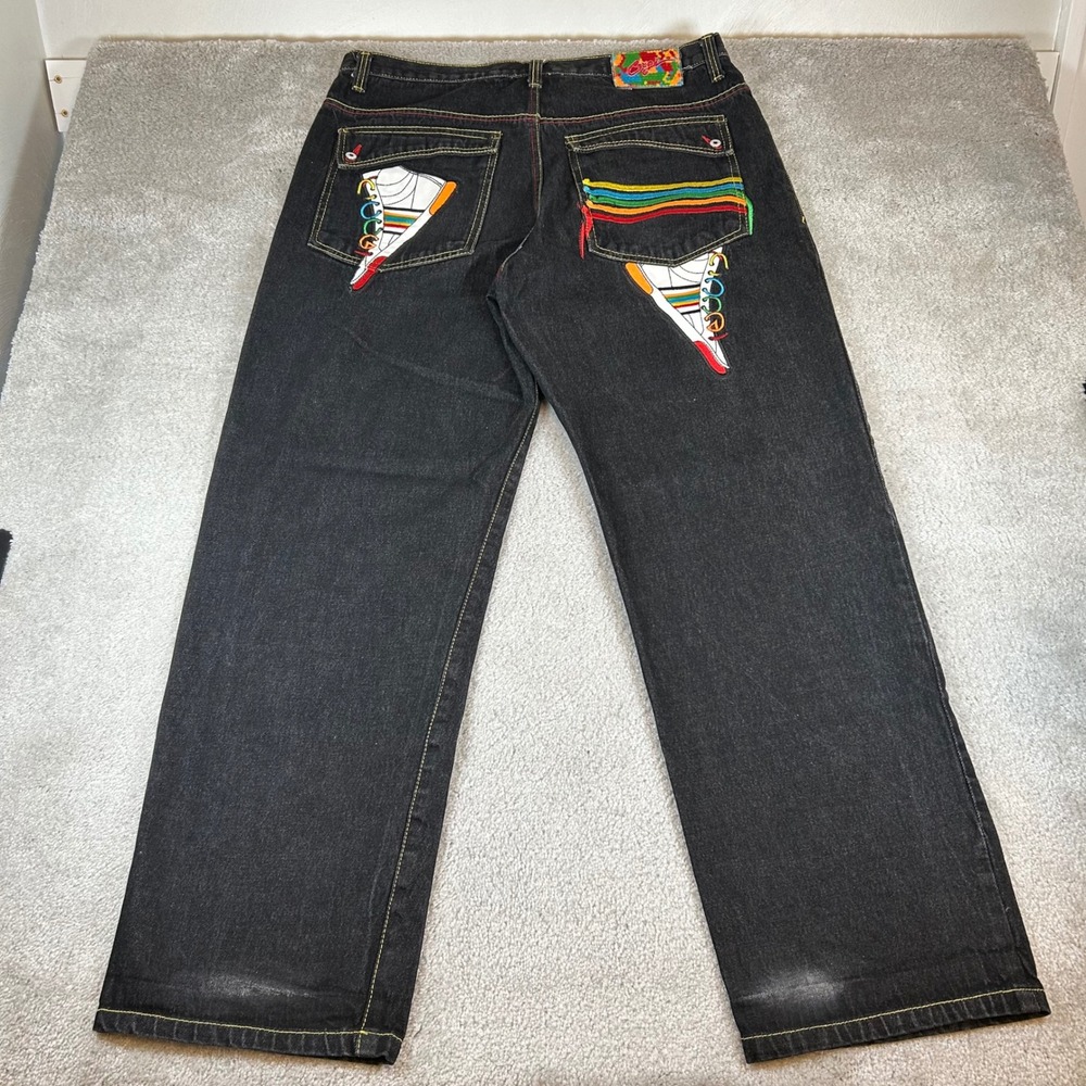 Vintage‎ COOGI Baggy Jeans Mens 40x34 Black Rainbow Stitch Sneaker Embroidered